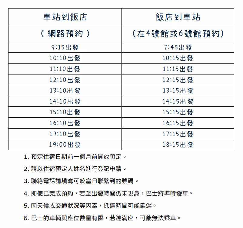 2025-2026苗場飯店接駁車時刻表